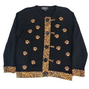Bobbie C Womens Cardigan Sweater Large Black Cats Paw Leopard Trim Novelty #1969